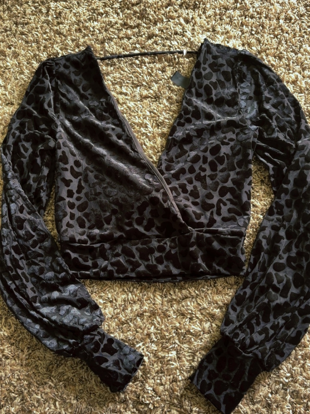 Windsor Black Velvet Leopard-Print Wrap Crop Top
